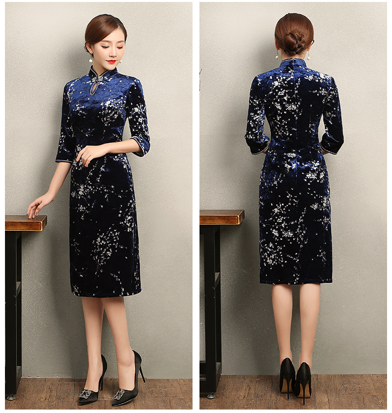 優(yōu)雅時(shí)尚梅蘭旗袍，復(fù)古絲絨印花旗袍裙