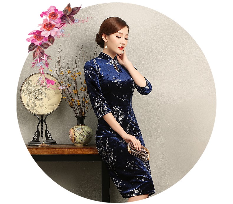 優(yōu)雅時(shí)尚梅蘭旗袍，復(fù)古絲絨印花旗袍裙