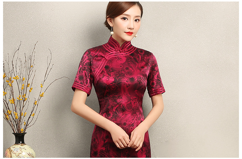 紅色短袖旗袍，復(fù)古包邊印花旗袍裙