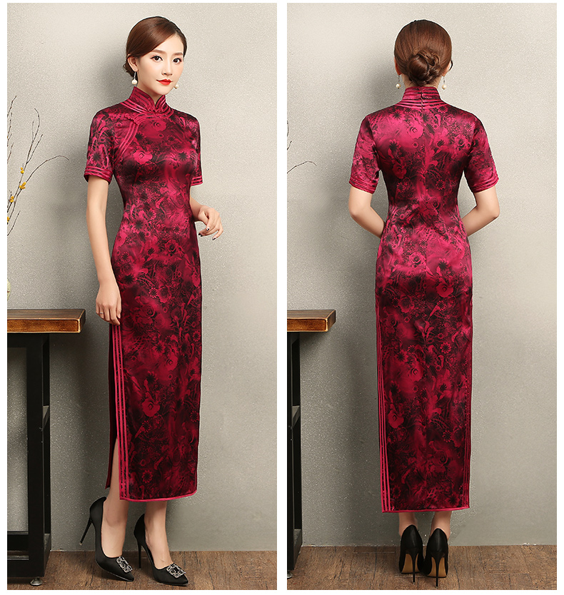 紅色短袖旗袍，復(fù)古包邊印花旗袍裙