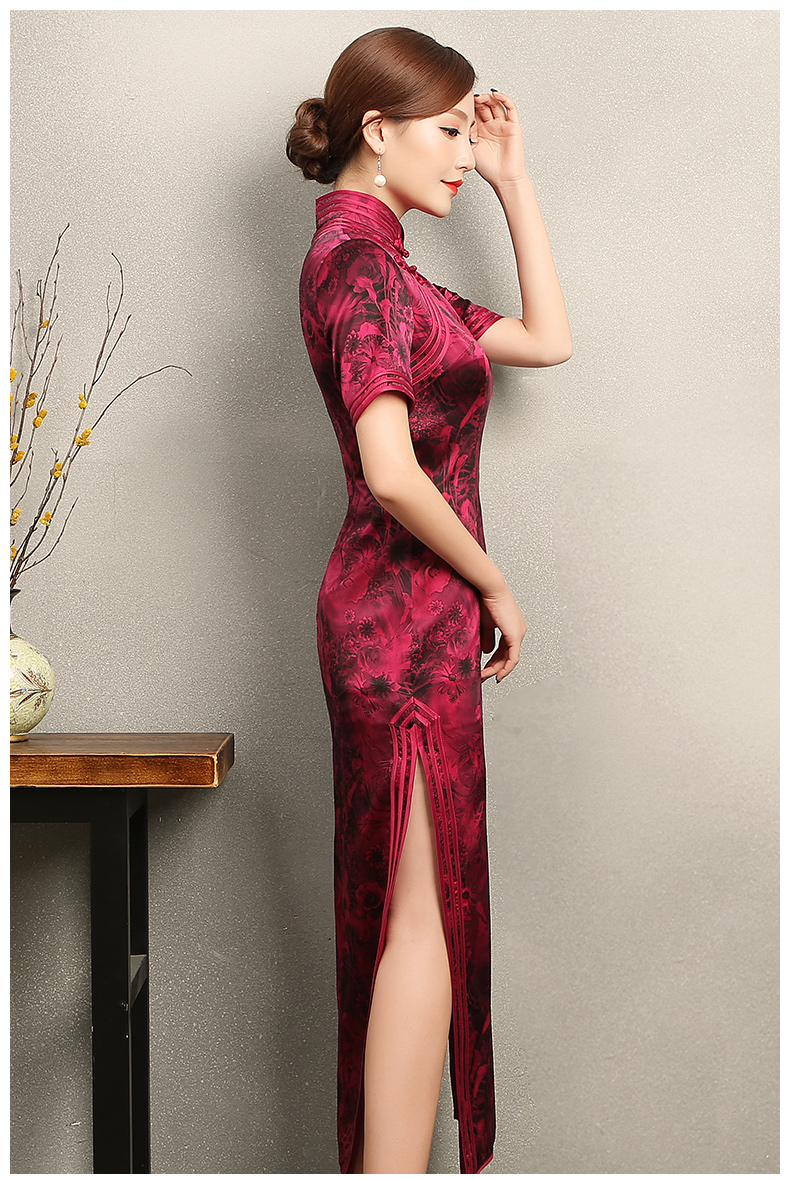 紅色短袖旗袍，復(fù)古包邊印花旗袍裙