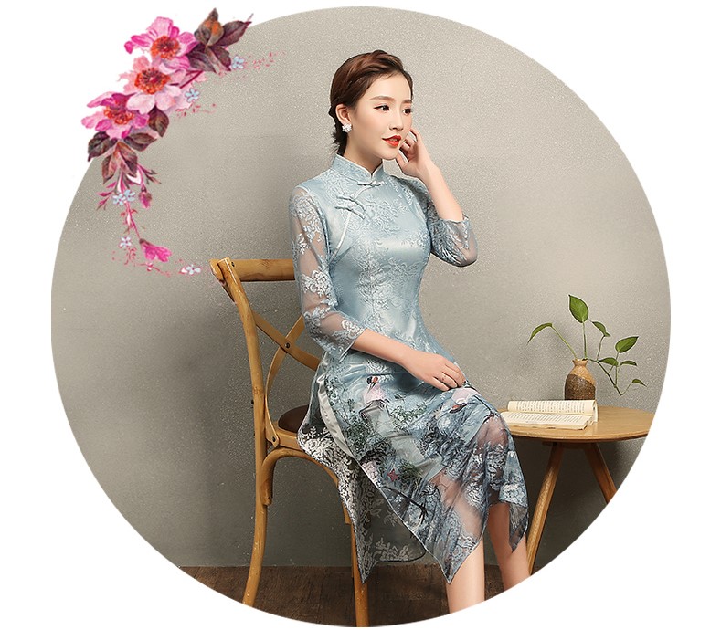 淡雅青鶴旗袍，改良奧黛風(fēng)長款旗袍裙