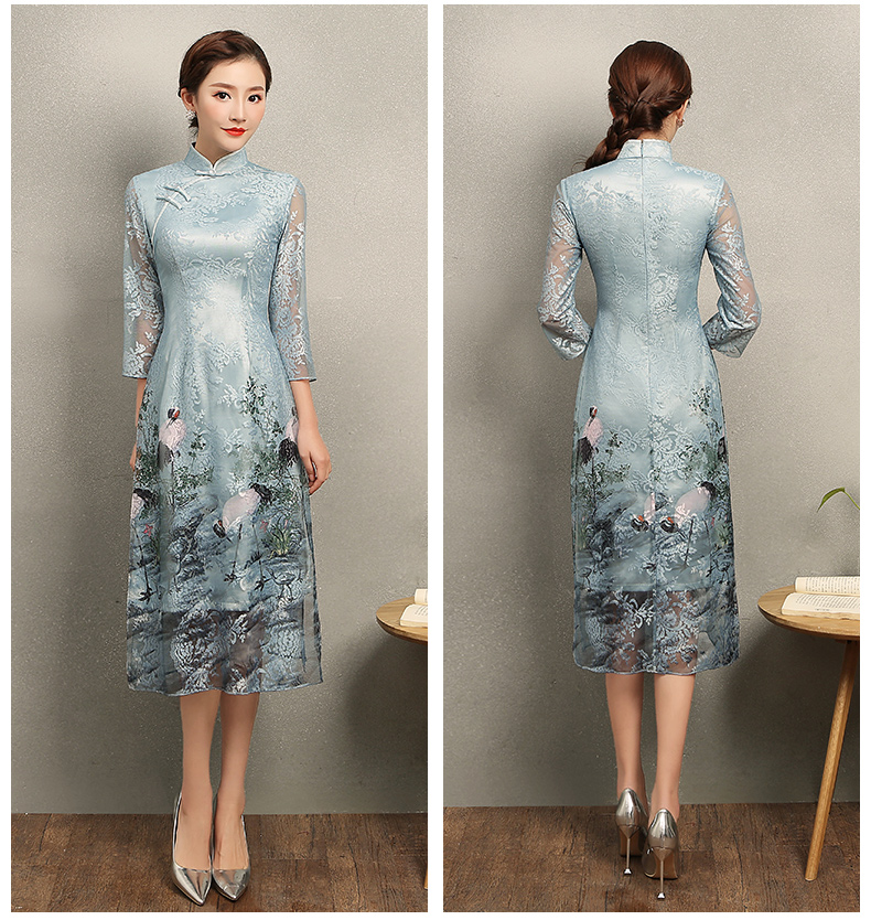 淡雅青鶴旗袍，改良奧黛風(fēng)長款旗袍裙