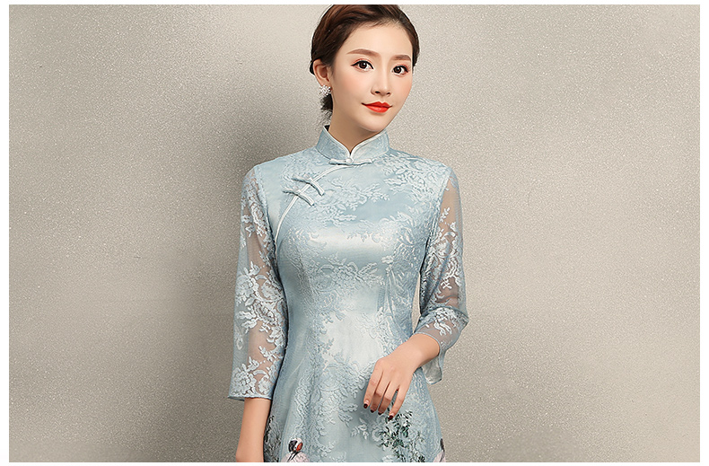 淡雅青鶴旗袍，改良奧黛風(fēng)長款旗袍裙