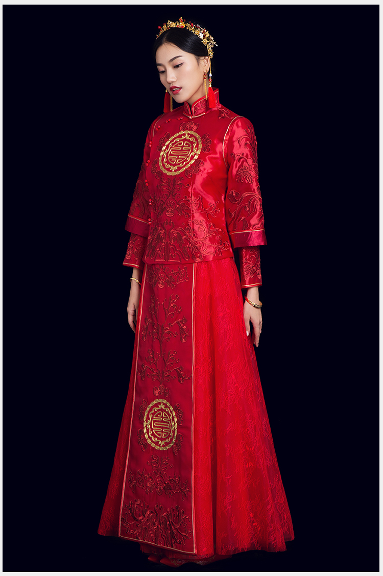 復(fù)古時(shí)尚中式禮服：盤金刺繡紅梔新娘禮服