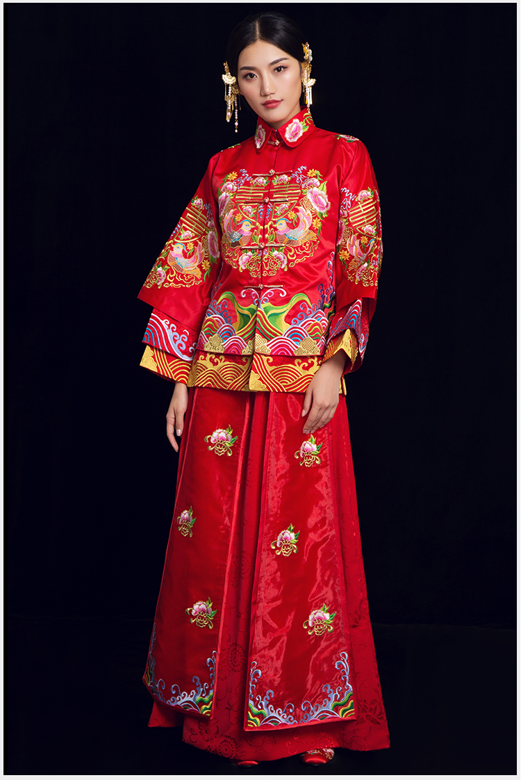 喜締鴛鴦中式禮服，喜字鴛鴦刺繡新娘禮服