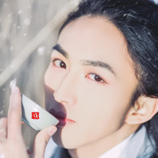 雪飄帶折扇白衣男生頭像，唯美古風(fēng)真人頭像
