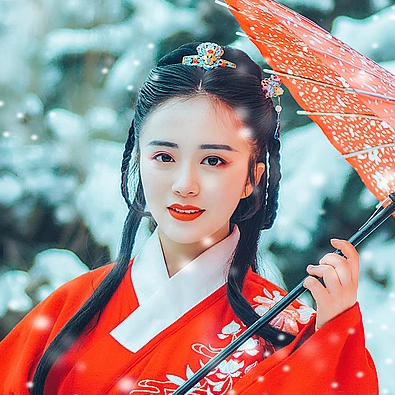 唯美古風真人頭像:雪花帶傘紅衣女生頭像