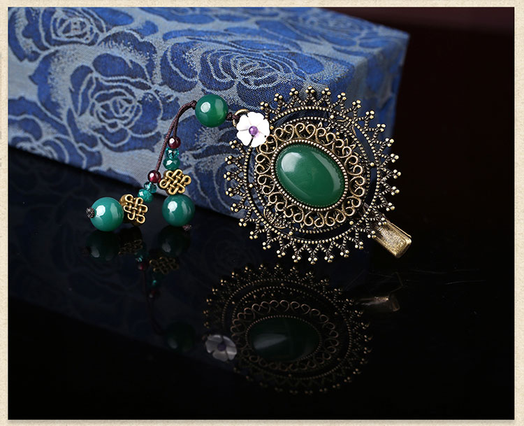 復(fù)古綠色瑪瑙發(fā)夾，古銅鏤空蕾絲邊發(fā)夾頭飾