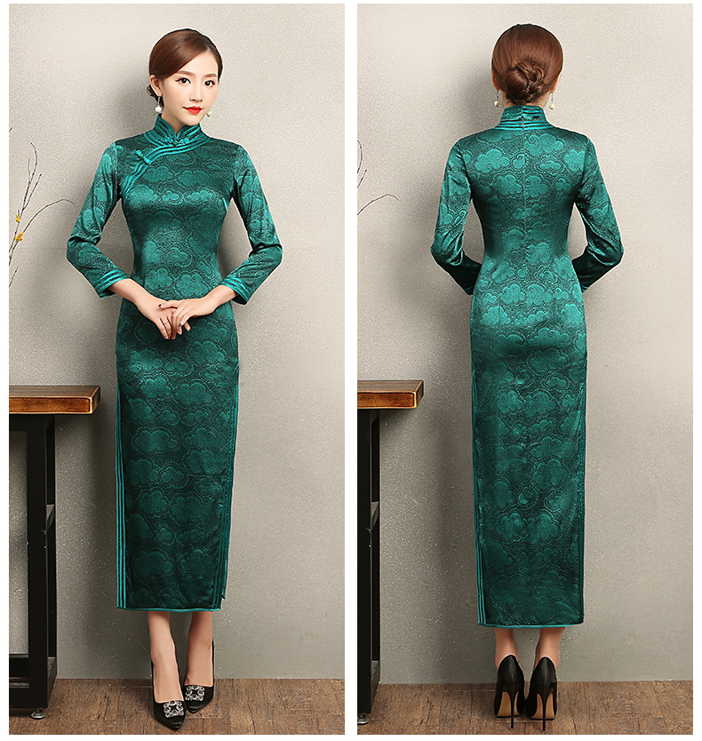 雍容華貴祥云圖案旗袍，復(fù)古風(fēng)墨綠色旗袍裙