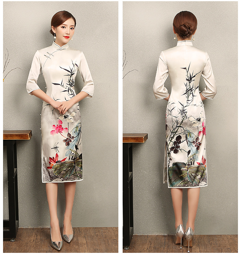 白色戀荷旗袍，素雅印花旗袍裙