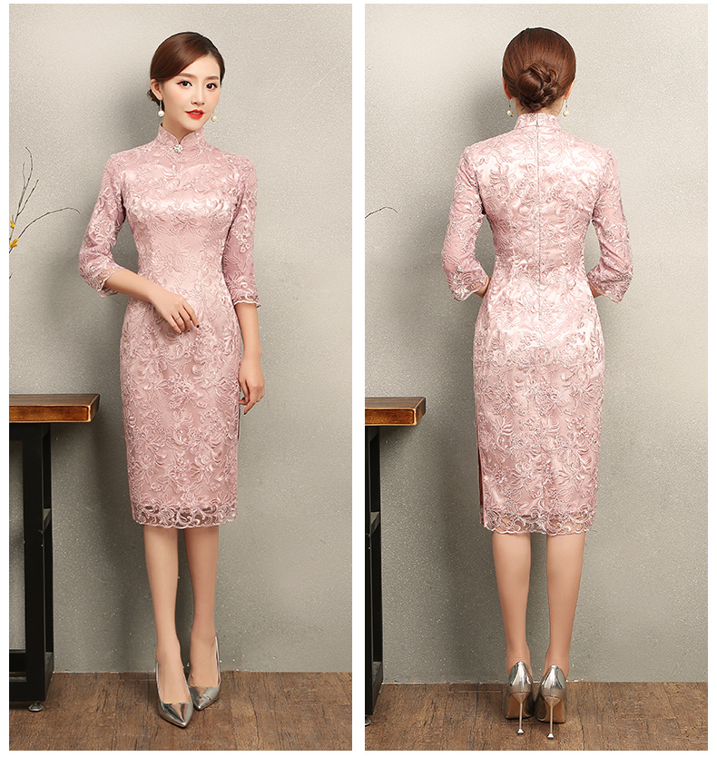 淺粉復(fù)古蕾絲旗袍，芊玉刺繡旗袍裙