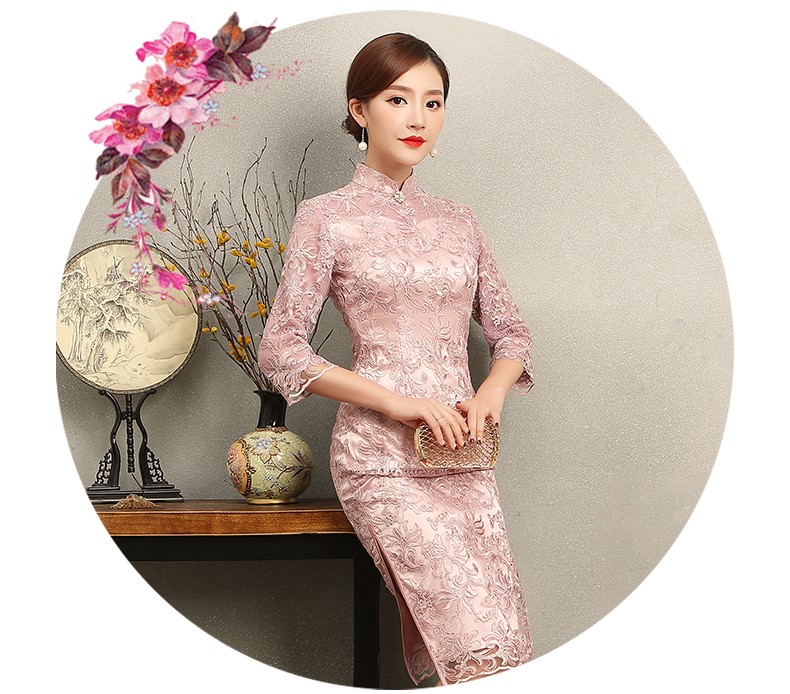 淺粉復(fù)古蕾絲旗袍，芊玉刺繡旗袍裙