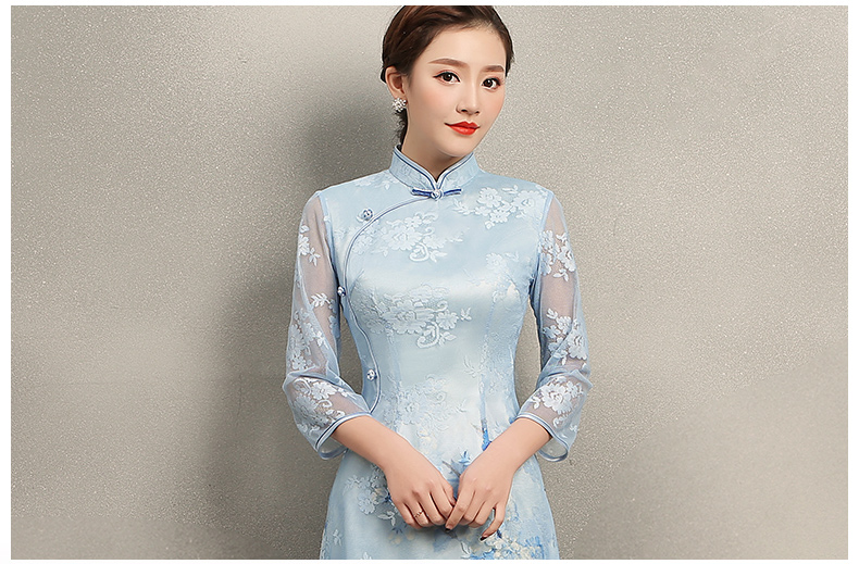 清雅藍(lán)蝶蕾絲旗袍，中袖唯美旗袍裙