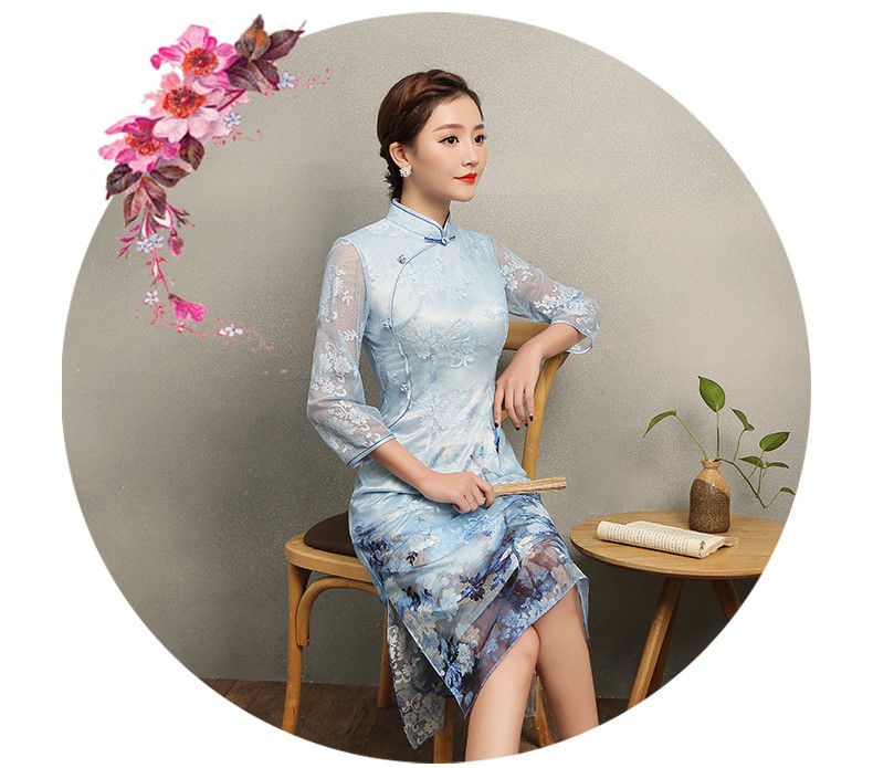 清雅藍(lán)蝶蕾絲旗袍，中袖唯美旗袍裙