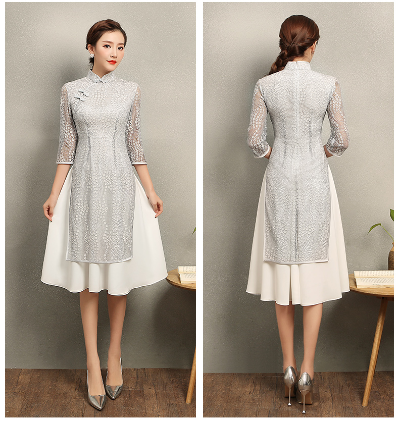 淺灰奧黛風(fēng)旗袍，蕾絲中式旗袍裙