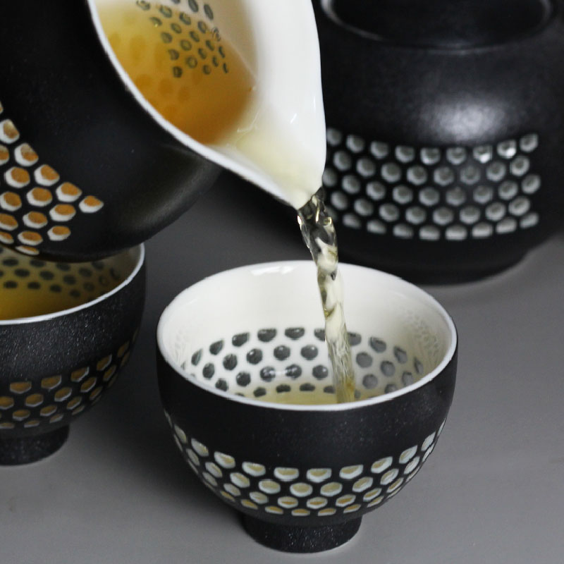 黑白蜂巢茶海，簡(jiǎn)約粗陶功夫茶具