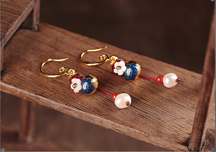 古典古風(fēng)葫蘆耳環(huán)，復(fù)古貝殼花朵耳飾耳環(huán)