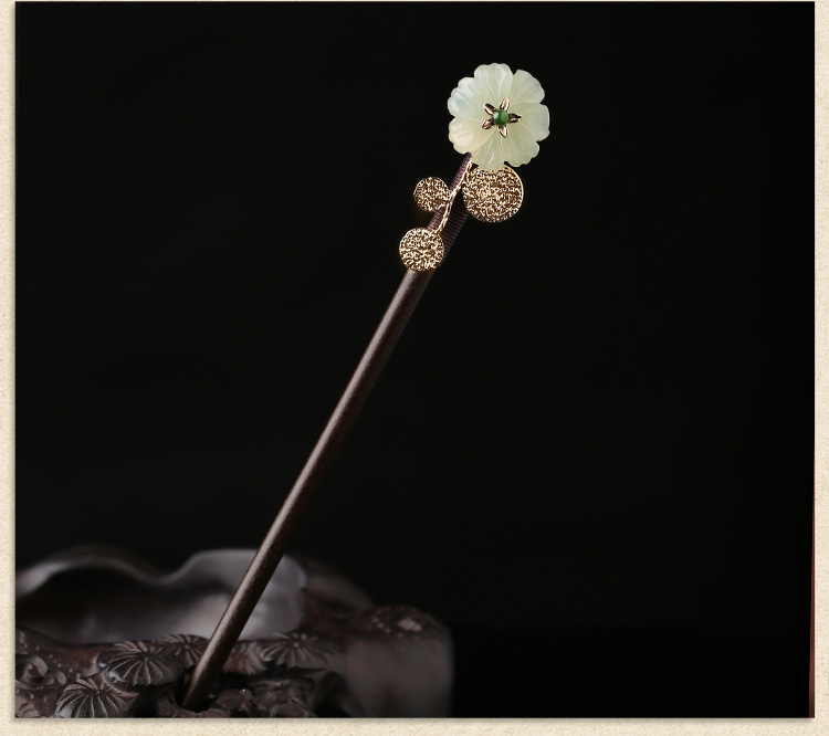 古典盤(pán)發(fā)玉花珠釵，古風(fēng)岫玉發(fā)釵發(fā)簪頭飾