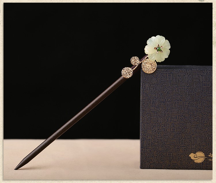 古典盤(pán)發(fā)玉花珠釵，古風(fēng)岫玉發(fā)釵發(fā)簪頭飾
