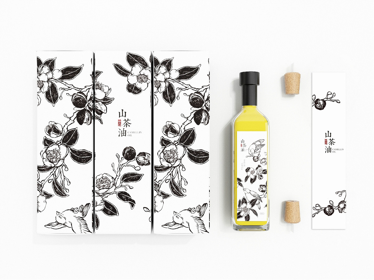 山茶油包裝設(shè)計(jì)，手繪圖案食品包裝設(shè)計(jì)