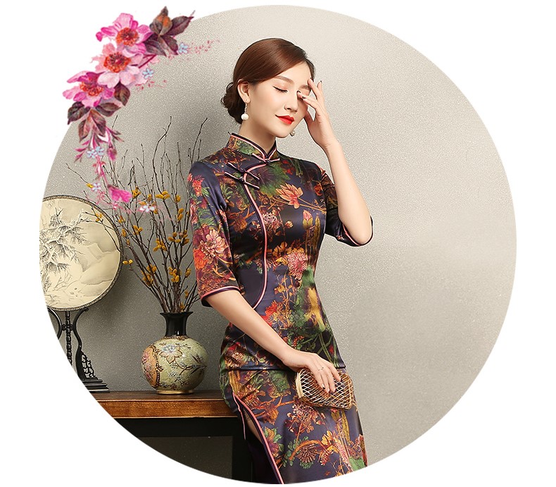 百花齊放優(yōu)雅旗袍，深紫色印花旗袍裙