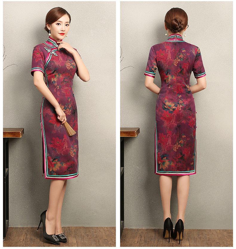 紫蘇韻味印花旗袍，民族風(fēng)包邊短袖旗袍裙