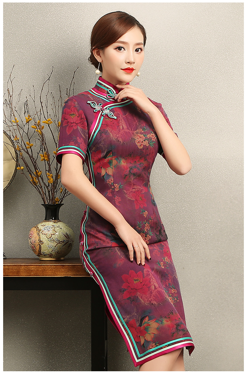 紫蘇韻味印花旗袍，民族風(fēng)包邊短袖旗袍裙