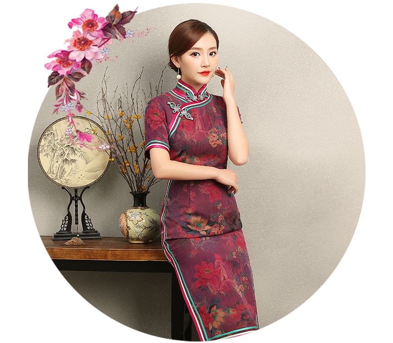 紫蘇韻味印花旗袍，民族風(fēng)包邊短袖旗袍裙