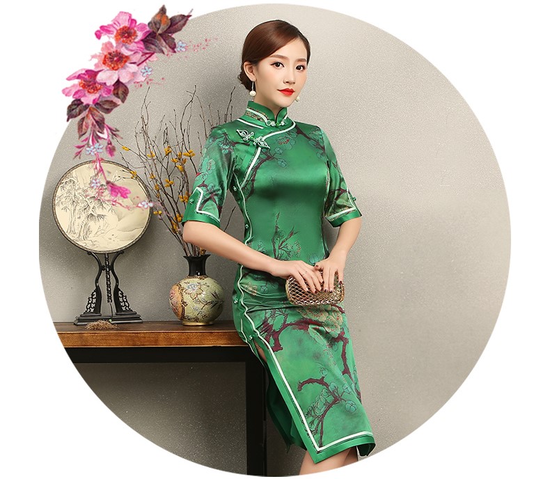 花枝印花綠色旗袍，民族風(fēng)短袖旗袍裙