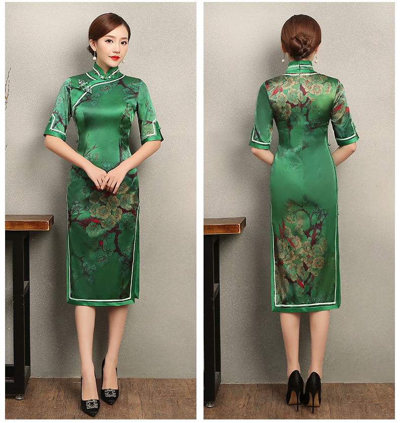 花枝印花綠色旗袍，民族風(fēng)短袖旗袍裙