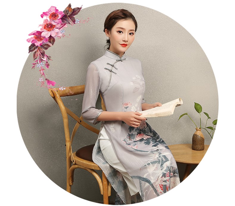 淡灰色花閣旗袍，奧黛風(fēng)中式旗袍裙