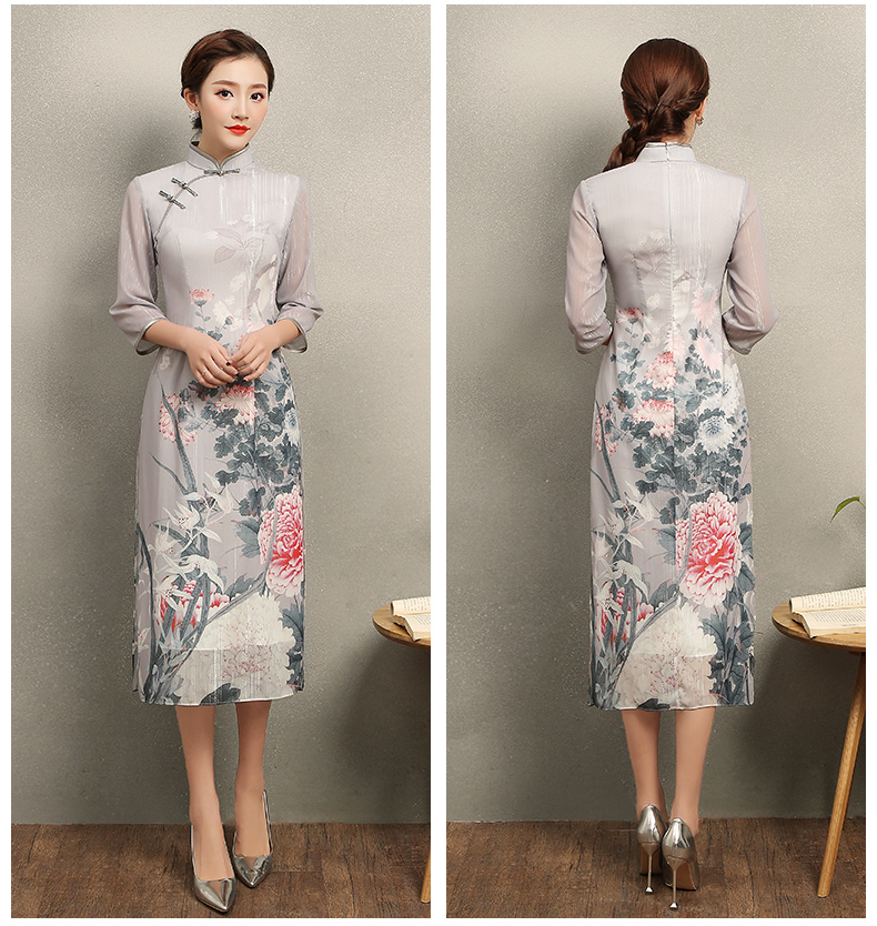 淡灰色花閣旗袍，奧黛風(fēng)中式旗袍裙