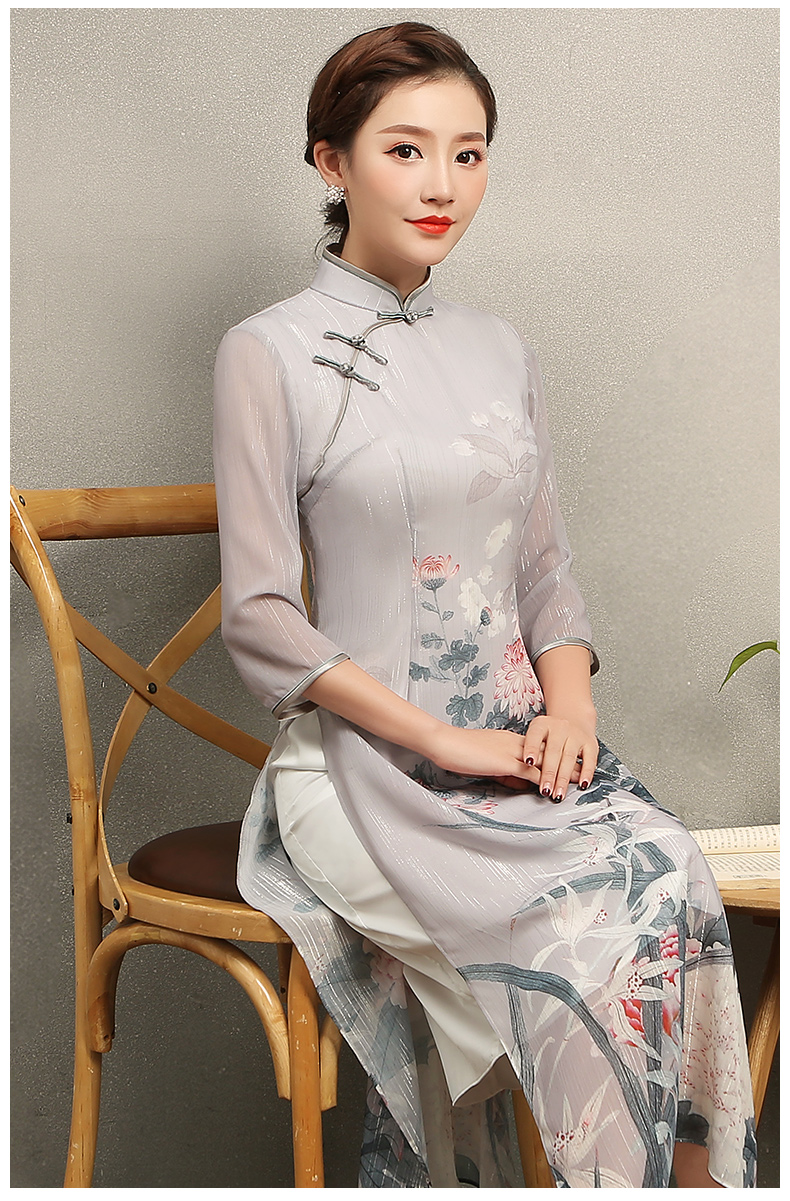 淡灰色花閣旗袍，奧黛風(fēng)中式旗袍裙