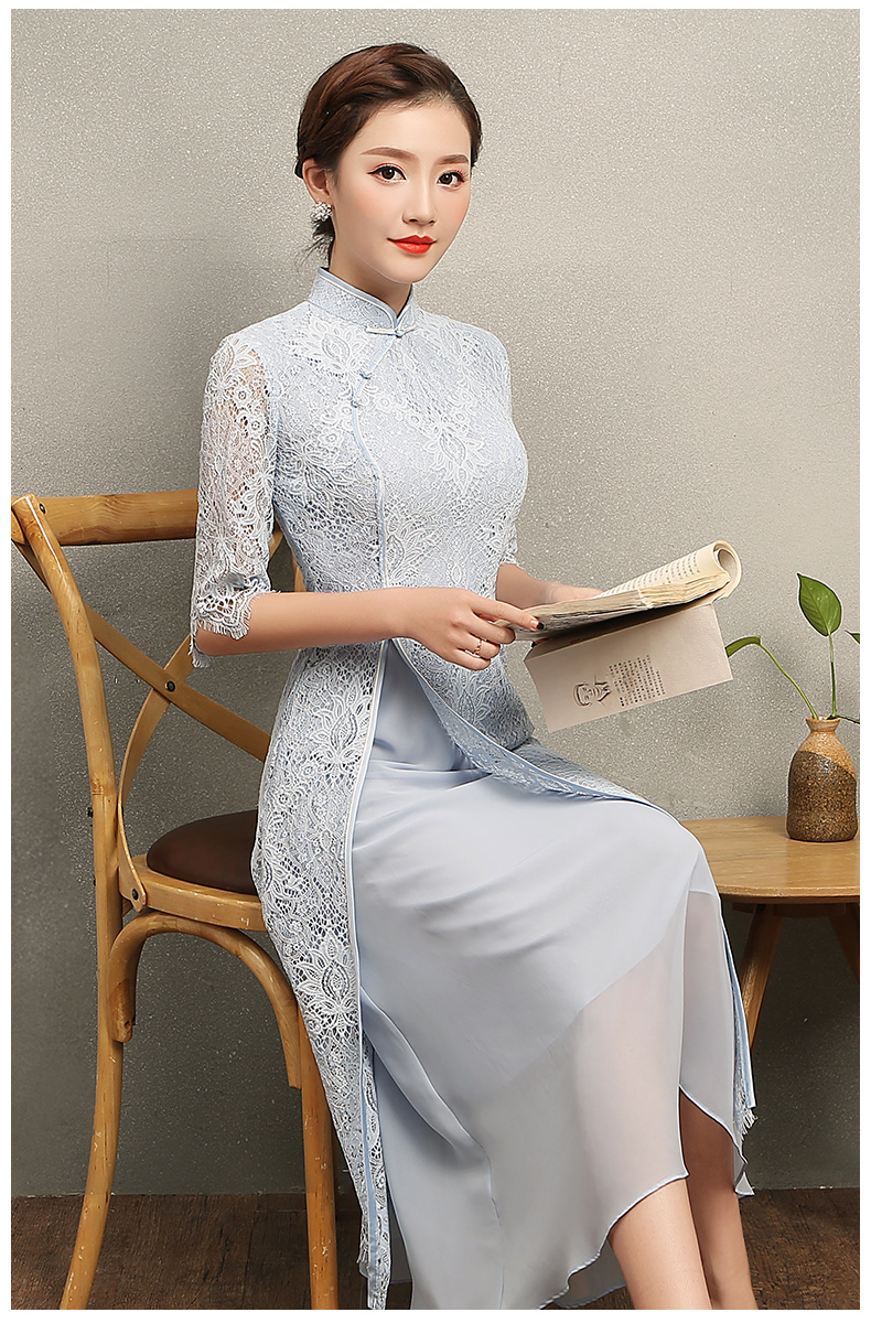 氣質(zhì)素藍色蕾絲旗袍，中袖中式旗袍裙