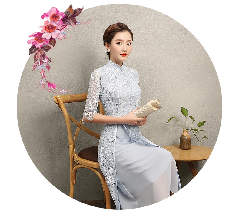 氣質(zhì)素藍色蕾絲旗袍，中袖中式旗袍裙