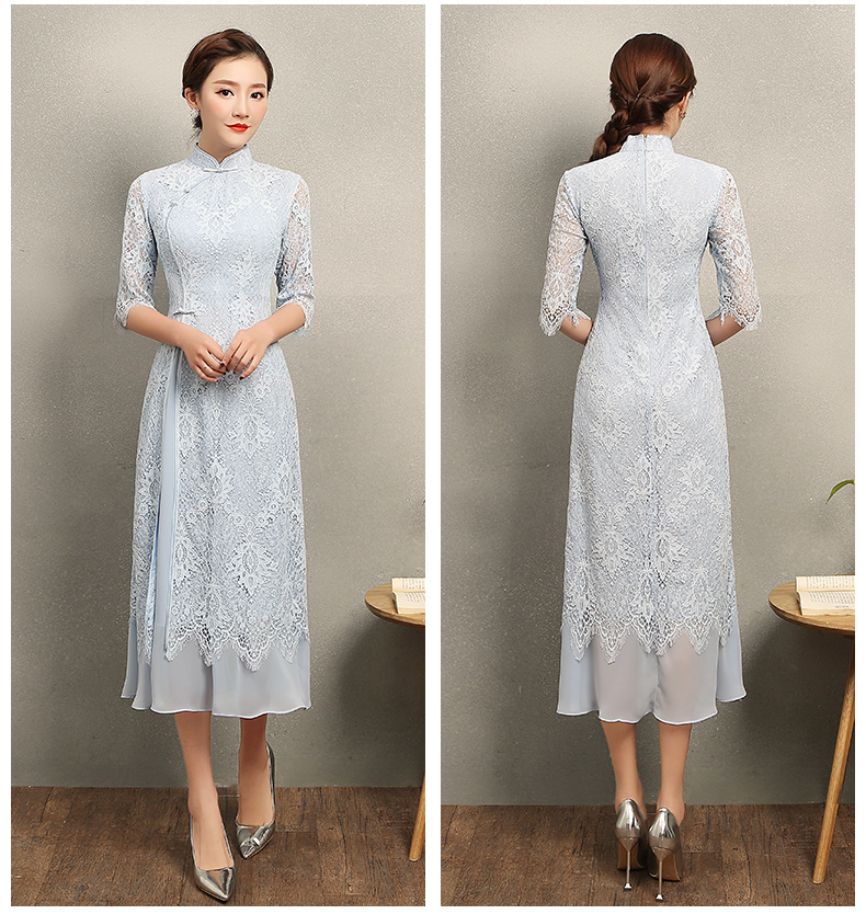氣質(zhì)素藍色蕾絲旗袍，中袖中式旗袍裙