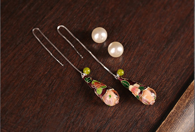 古風(fēng)氣質(zhì)琉璃景泰藍耳環(huán)，水滴造型純銀耳線首