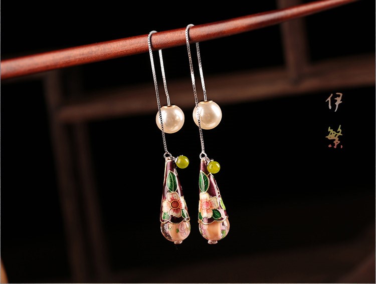 古風(fēng)氣質(zhì)琉璃景泰藍耳環(huán)，水滴造型純銀耳線首