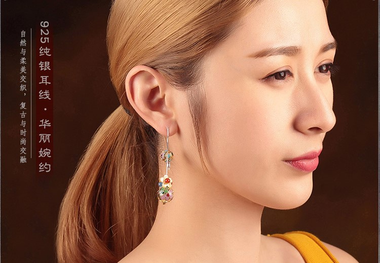 華麗景泰藍(lán)耳環(huán)，花朵圓珠純銀耳線首飾