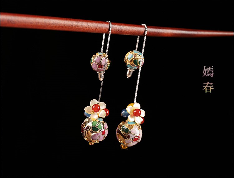 華麗景泰藍(lán)耳環(huán)，花朵圓珠純銀耳線首飾