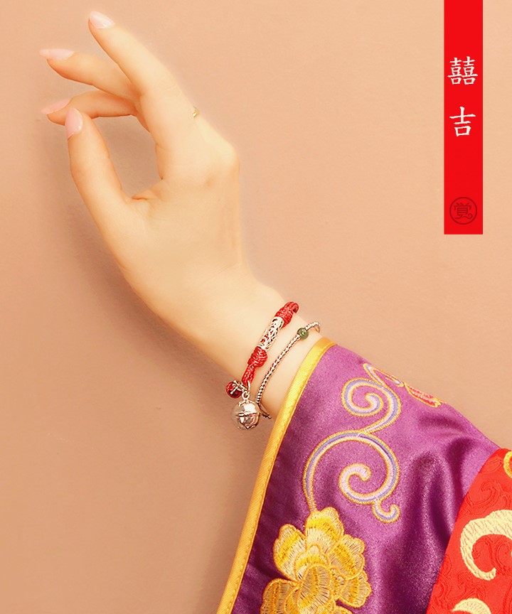 囍吉家佳樂(lè)文學(xué)手鏈，本命年紅繩銀蓮花鈴鐺首飾