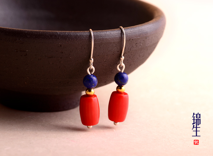 珊瑚青金石配飾銀耳環(huán)，別具風格耳環(huán)