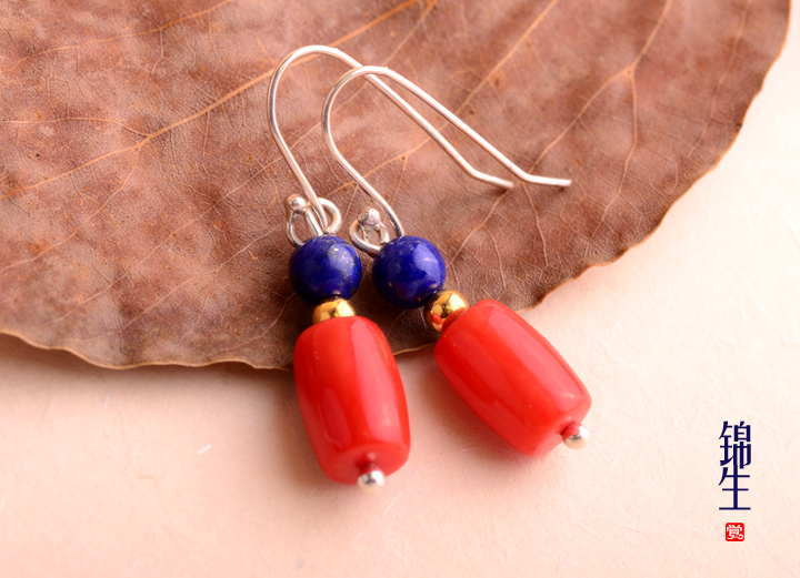 珊瑚青金石配飾銀耳環(huán)，別具風格耳環(huán)