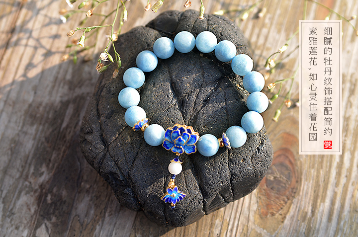 典雅925銀牡丹手鏈，清新唯美海藍寶手串