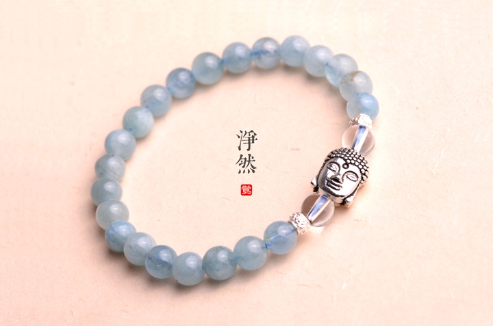 釋迦摩尼佛像銀手鏈，凈然海藍(lán)寶手串