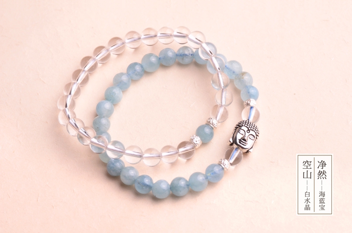 釋迦摩尼佛像銀手鏈，凈然海藍(lán)寶手串
