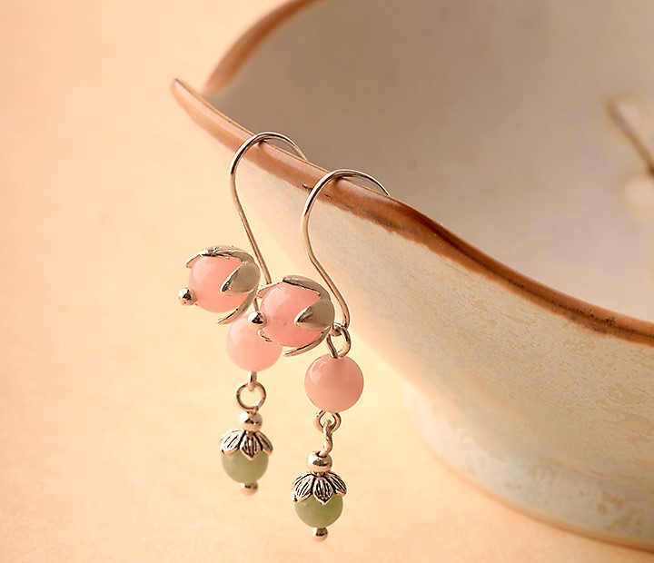 粉色小清新風(fēng)翡翠耳飾，天然粉晶惜春耳環(huán)首飾