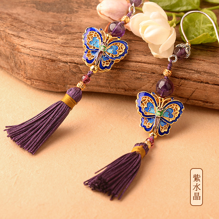 銀蝴蝶長流蘇氣質(zhì)，典雅古風耳環(huán)首飾