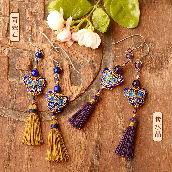 銀蝴蝶長流蘇氣質(zhì)，典雅古風耳環(huán)首飾